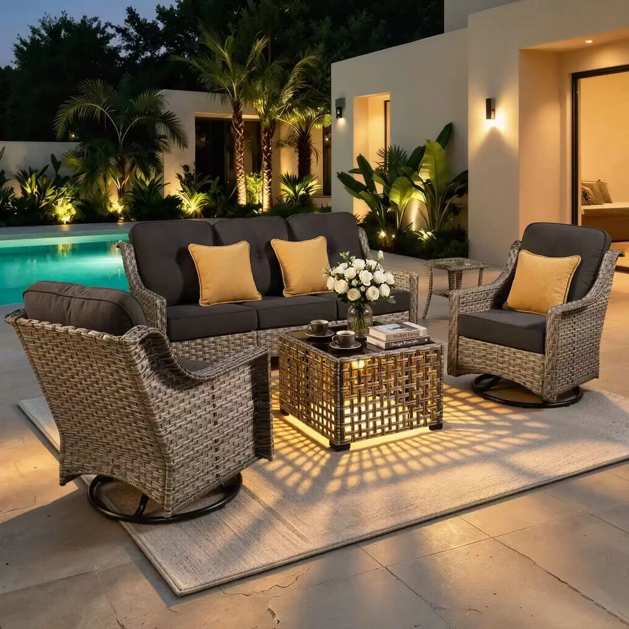 【Summerfinds】Ovios 5-Piece Outdoor Patio Furniture Set with 3-Seat Sofa & Swivel Rocking Chair, All-Weather Wicker Rattan Conversation Set with Solar LED Coffee Table for Backyard, Porch & Poolside