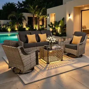 【Summer Vibes】Ovios 5 Pieces Outdoor Patio Furniture with 3-Seat Sofa,Rattan Wicker Coversation Set with Swivel Rocking Chair,Balcony Sofa Set with Shiny Solar Powered Coffee Table for Outside Porch Backyard PooL