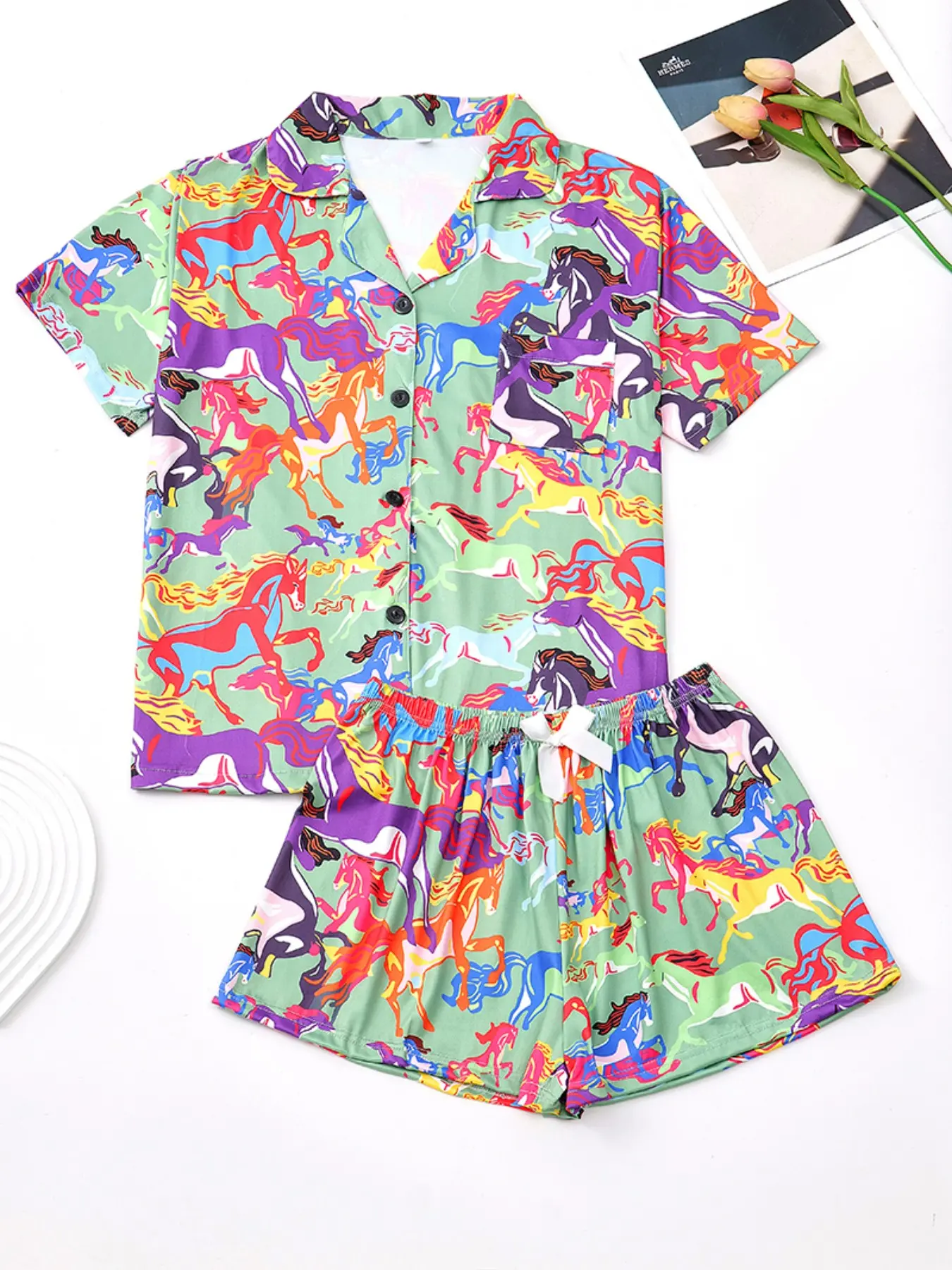 Women's Cute Rainbow Horse Print Pajama Set, Short Sleeve Lapel Top & Elastic Shorts, Casual Summer Sleepwear, Two-Piece Homeewear