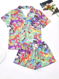 Women's Cute Rainbow Horse Print Pajama Set, Short Sleeve Lapel Top & Elastic Shorts, Casual Summer Sleepwear, Two-Piece Homeewear
