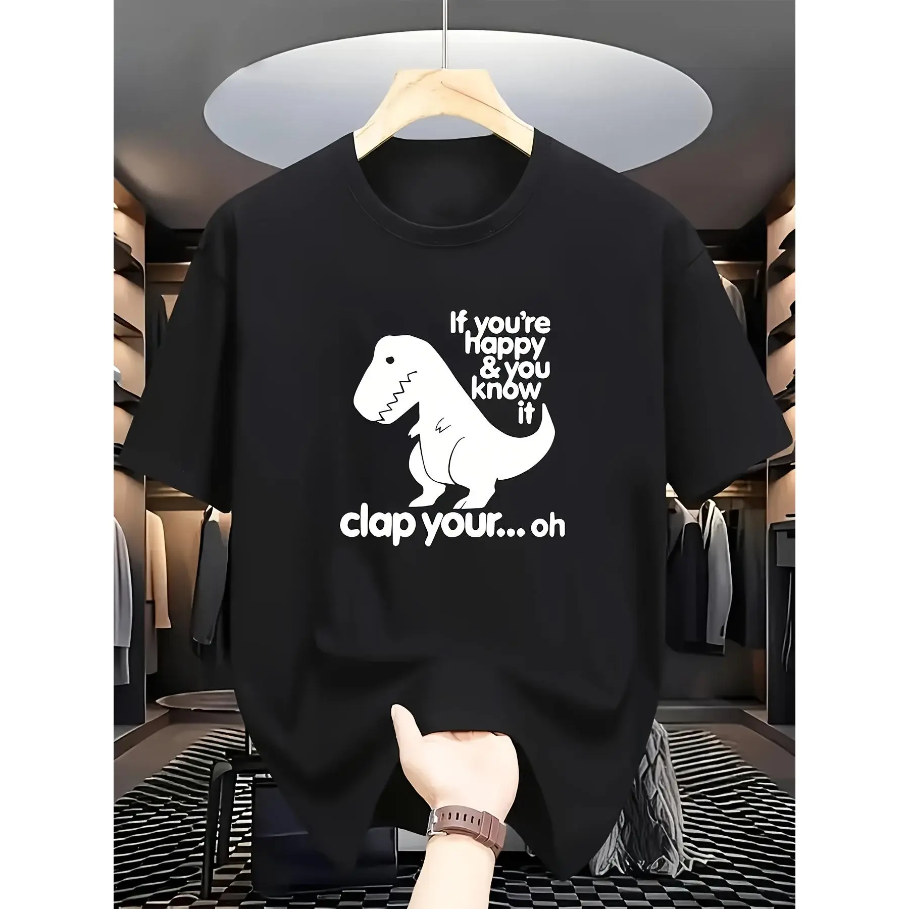 Funny Dinosaur Graphic Tee for Men - ‘If You‘re Happy Clap Your... Oh’ T-Rex T-Shirt in Black & White, Soft Cotton Crewneck for Casual Summer Vibes, Outdoor Hangouts & Playful Gifts Knit Stretch