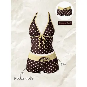 Retro Polka Dot Color-Block Two-Piece Swimsuit for Women, Halter Neck, Tummy-Covering, Slimming, Vacation Swimwear Set,Womenswear, Clothes, Skirt