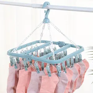 1PC Folding Clothes Hanger with Clips Multi functional Windproof and Sunscreen Clothes Hanger Folding Clothes Hanger Household Plastic Clothes Hanger 32 Clips