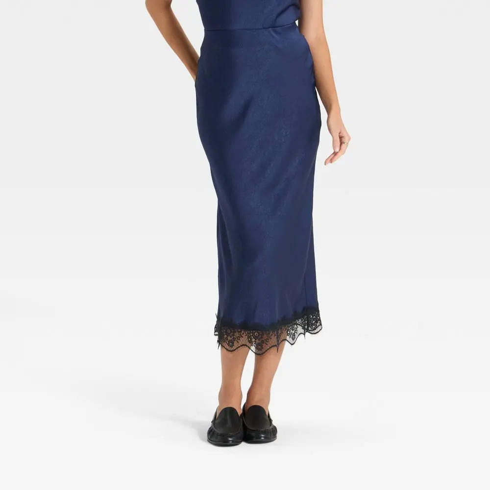 A New Day Women's Plus Size Satin Lace Trim Midi Skirt - Navy Blue