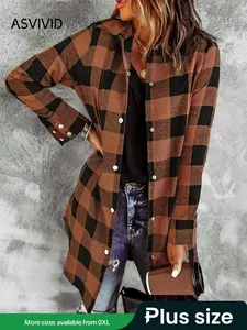 【Plus Size】 Plaid Print Button Front Pocket Long Shirt Jacket, Casual Long Sleeve Collared Outerwear for Spring & Fall, Women's Clothes for Daily Wear