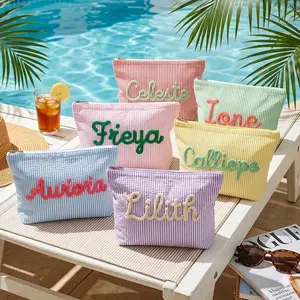 Custom Seersucker Makeup Bag Vacation Travel Pouch Personalized Chenille Name Toiletry Bag Summer Beach Bag Organizer Cosmetic Gift for Her