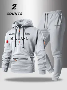 Men's Casual Milan Print Hoodie Set, Half-Zip Pullover & Jogger Pants, Comfortable Fall Winter, Fashion Trendy Daily Wear