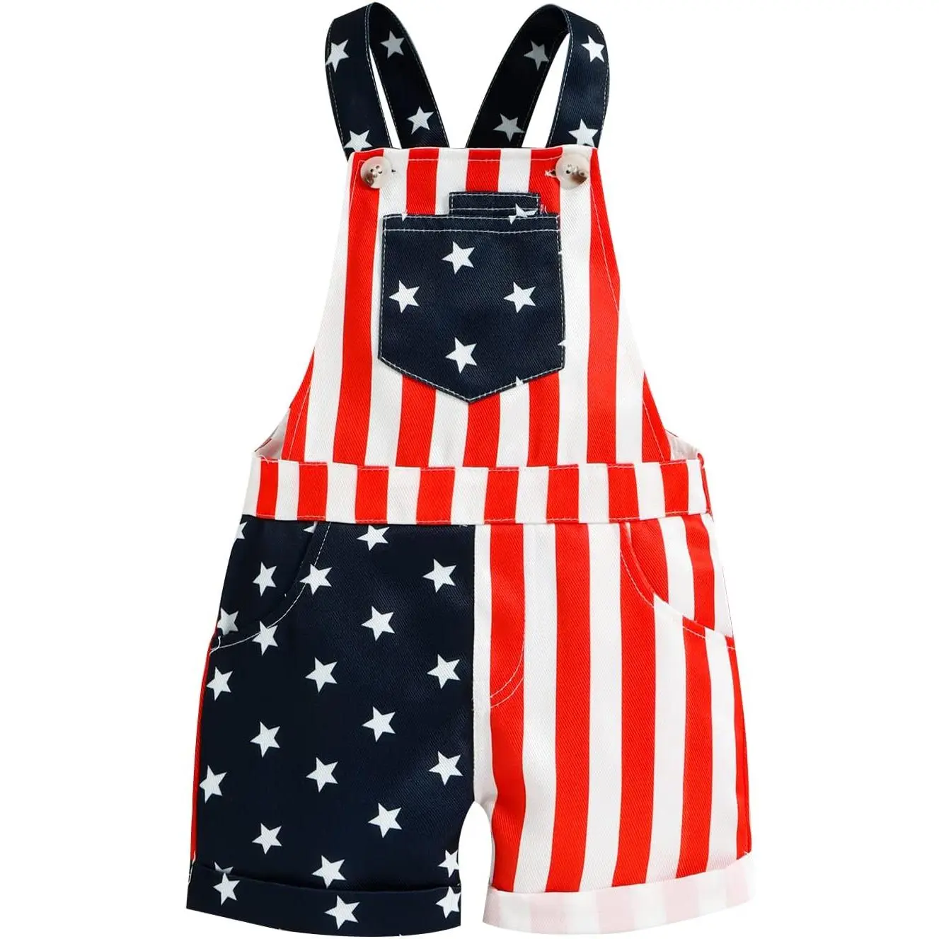 Toddler Baby 4th of July Outfit Girl Boy Flag Overall Shorts Suspender Denim Jumpsuit with Pocket