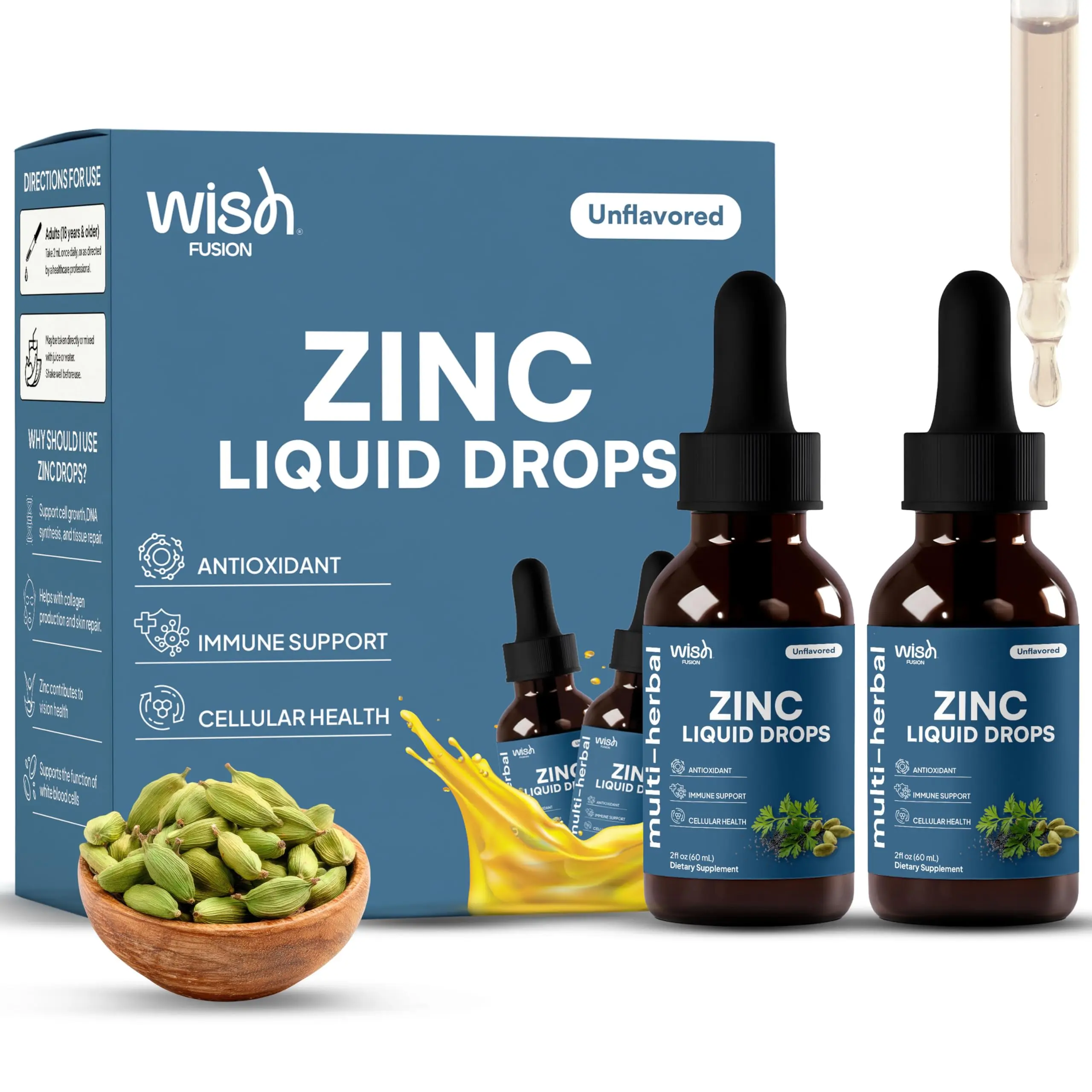 Wish Fusion Liquid Zinc Drops 2 Pack Zinc Liquid Drops with Zinc Sulfate, Natural Zinc, Trace Mineral Liquid Vitamin Supplement for Immune & Digestive Support, Zinc Supplements for Women & Men