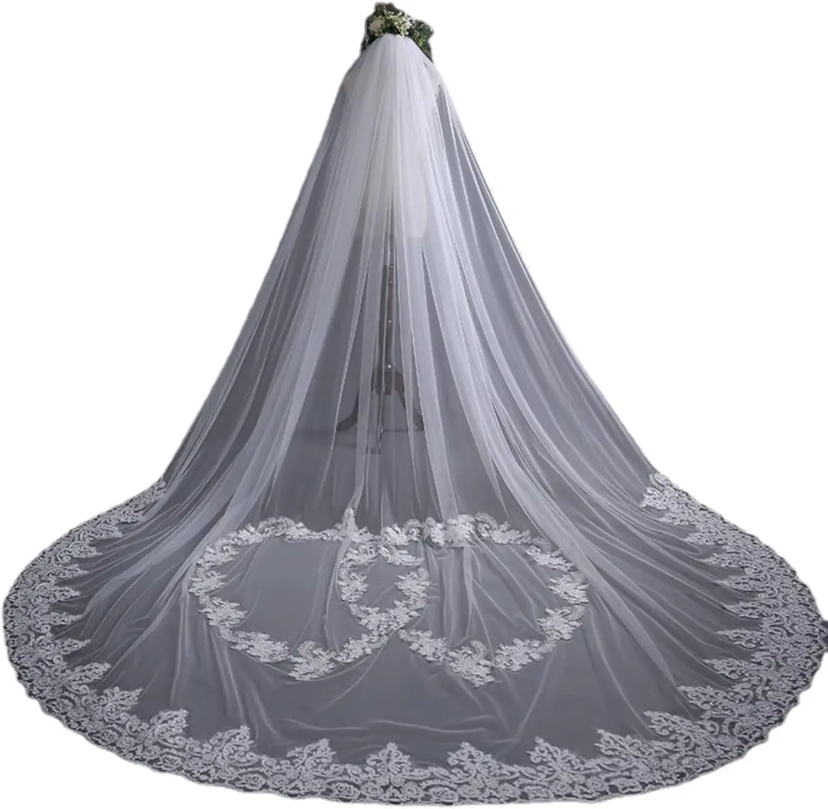 CDLV Bridal Cathedral Veil - Flower Lace Design with Metal Comb, 118 in (White)