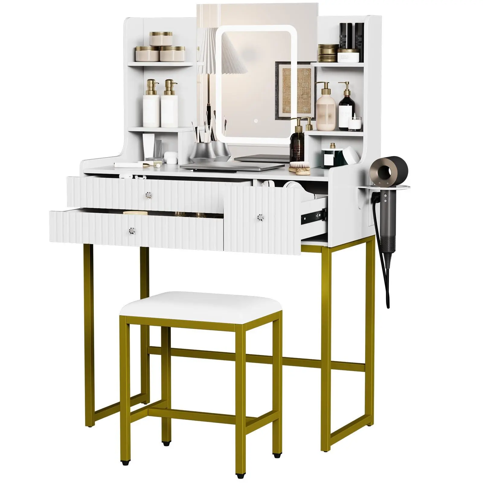 Garvee Fluted Makeup Vanity Desk with Mirror & Lights, 3-Drawer Dressing Table | Small Vanity Table with 4 Storage Shelves, Modern Fluted Drawer Fronts, Compact Design for Bedroom & Apartment, Easy Assembly white