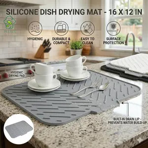 Silicone Dish Drying Mat with Built-in Drain Lip - Hygienic, Sturdy, Compact, Easy-to-Clean Tableware Drying Pad Tray, Stylish Surface Protector, Prevents Water Build-Up - 16x12 in (Grey/White/Black)