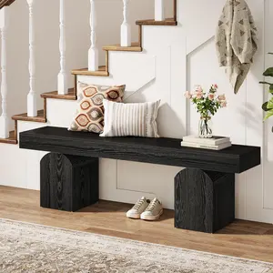 TRIBEWOOD Entryway Bench, 59" Long Black Shoe Bench with Arched Bases, Wooden Indoor Bench for Entry Way and Living Room, End of Bed Bench,Modern Window Bench for Bedroom