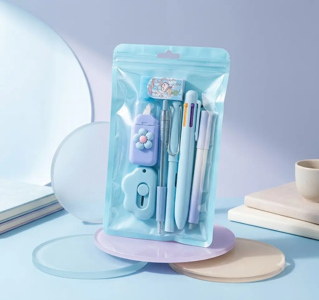 Pastel Blue All-In-1 Kawaii Stationery Kit - Portable Back to School Shopping Essentials, Cute School Supplies for Teenage Girls Gifts (Correction Tape, Mechanical Pencil, Multi-Color Pen, Eraser, Pencil Sharpener, Home & Office Desk Accessories)