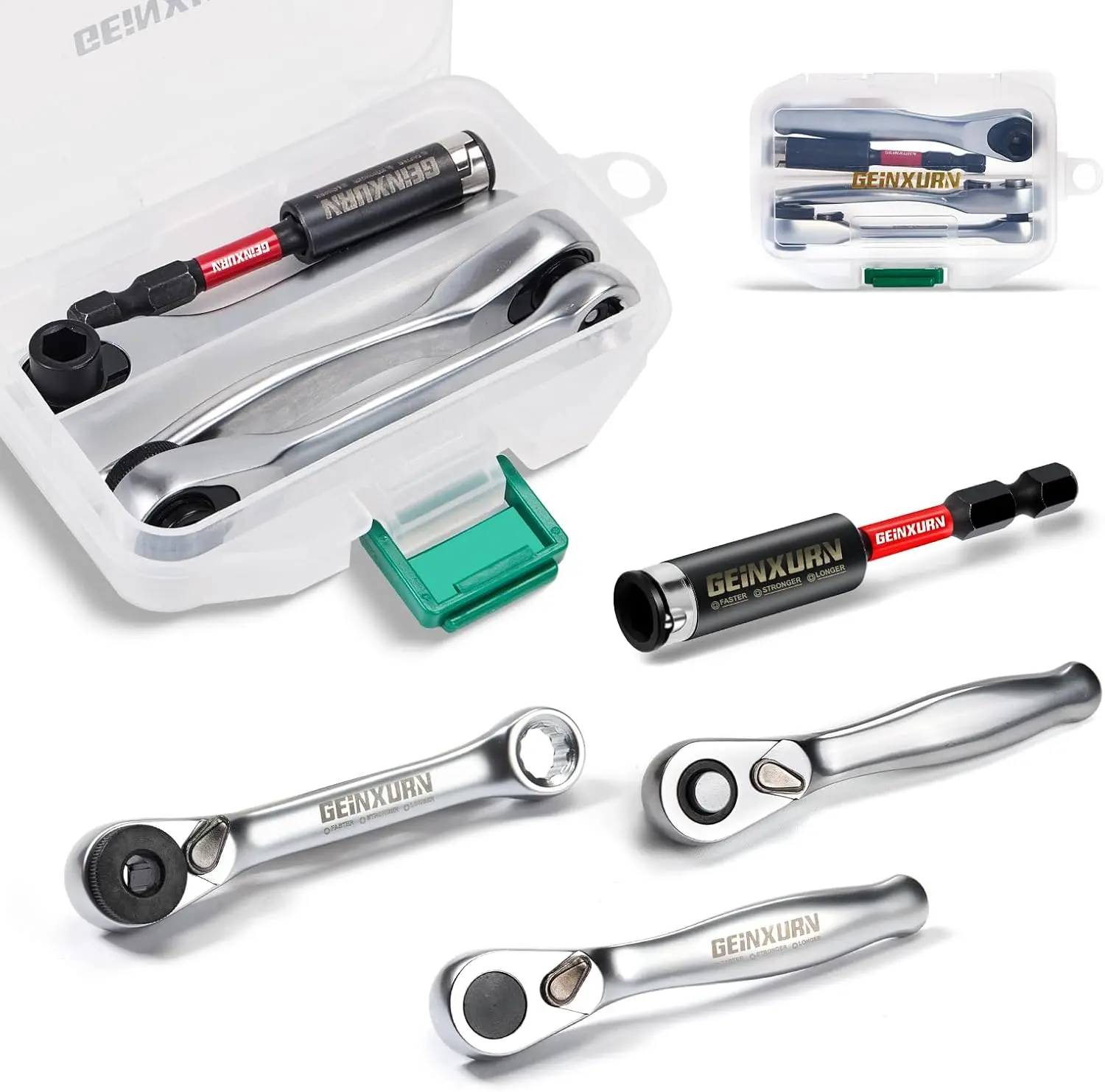 4PCS Mini Ratchet Wrench Set, 1/4" Drive Quick-Release Socket Wrench with Bit Holder & Case