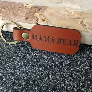 Mama Bear Leather Keychain - Brown Color, Antique brass Ring, Embossed Design, Ideal for Key Storage and Organization