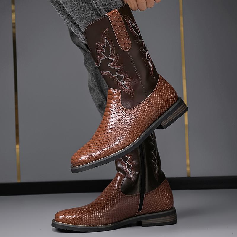 CYUW Men's Cowboy Boots — Western-style embroidered ankle boots featuring a slip-resistant square toe and a chunky heel; a blend of durability and classic retro-chic style, designed for comfortable, supportive walking.