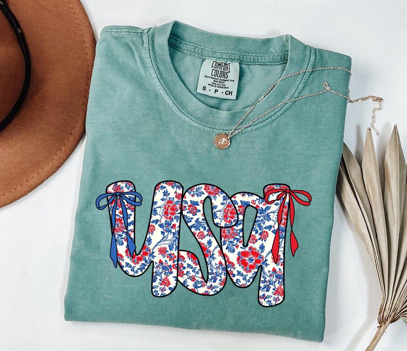 Comfort Colors Floral Coquette USA Shirt, Retro America Shirt, Popular America Tee, Patriotic