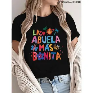 La Abvela Mas B0nita, Abvela Latina Grandmother Graphic Tee Pure Cotton Fabric Casual Crew Neck T-Shirt Trendy Tops for Women for Men, Perfect Gift