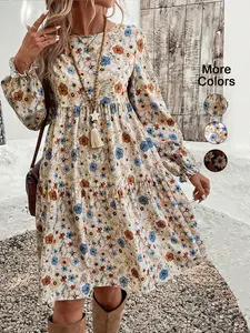 Women's Floral Print Tie Neck Flounce Sleeve Dress, Elegant Fashion Casual Dress for Daily Outdoor Wear, Women Dress for Spring Fall