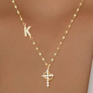 Women's Stainless Steel Sparkling CZ Initial Necklace, Zirconia Pendant Lip Chain, Casual All-Season Jewelry Accessories, Sparkling Cz Necklace, Initial Necklace Women