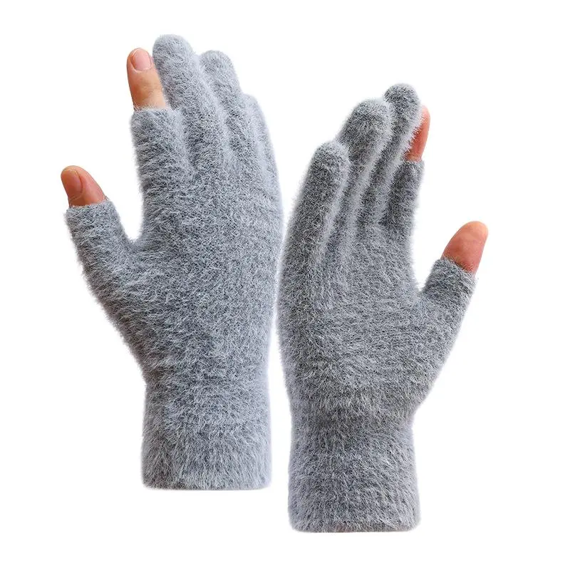 Imitation Mink Fur Fingerless Gloves, Men Women Fall Winter Cycling, Fitted Warm Windproof Touchscreen Separated Fingers