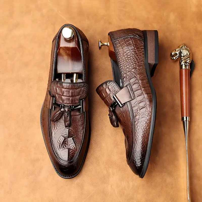 Men's Luxury Top Layer Cowhide Formal Shoes - Elegant Square Toe Slip-On Loafers, Crocodile Texture, Wooden Heel and Metal Buckle Details, Suitable for Weddings, Business Events, and Office Wear