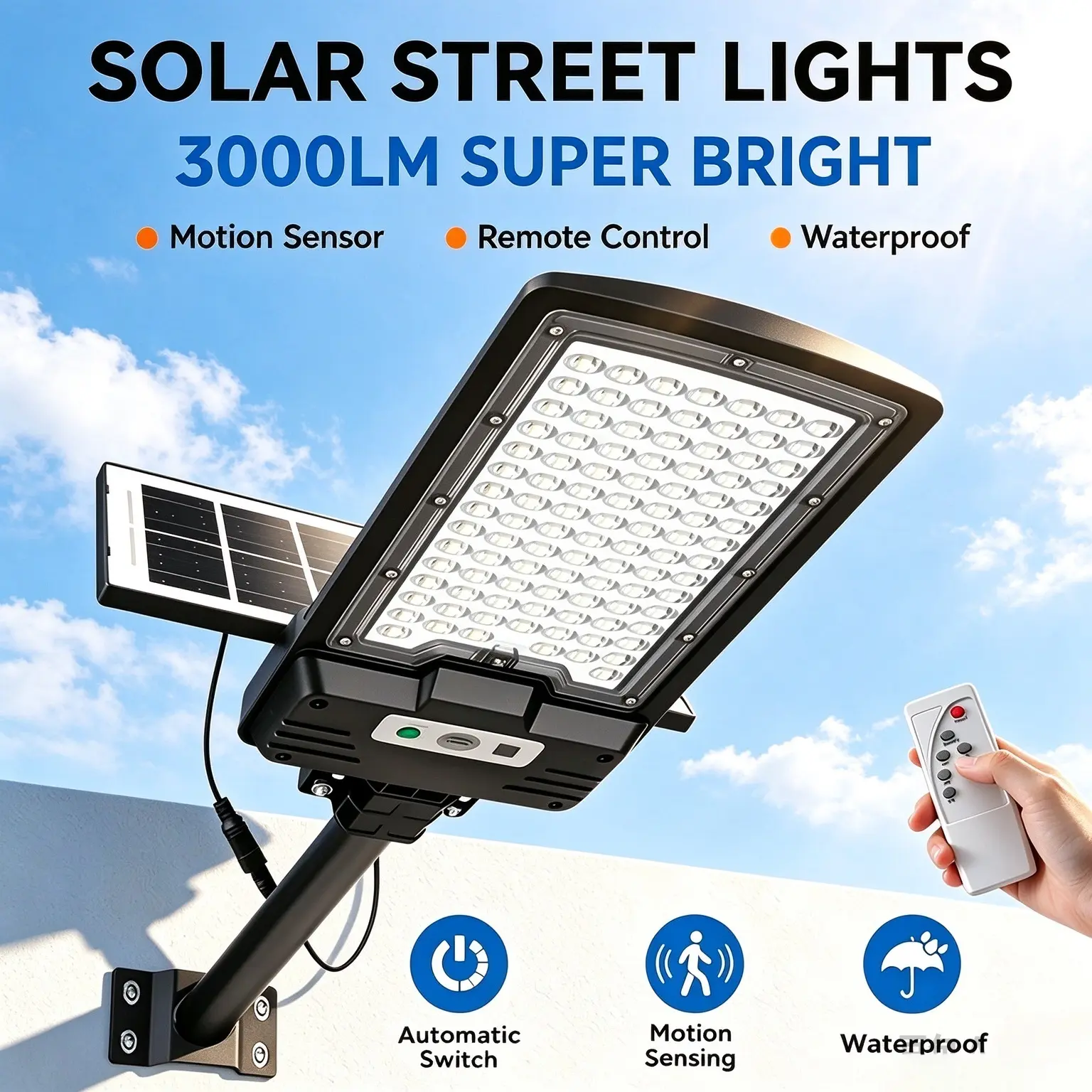 Solar Street Light - 3500K Super Bright Outdoor Flood Light with Motion Sensor, Remote Control, IP65 Waterproof, Dusk-to-Dawn Security for Driveway, Yard