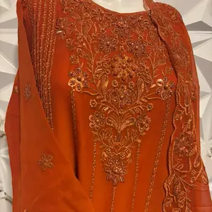 SIZE LARGE Pakistani Dress 3-Piece Set Women Salwar Kameez Orange Chiffon Embroidered
