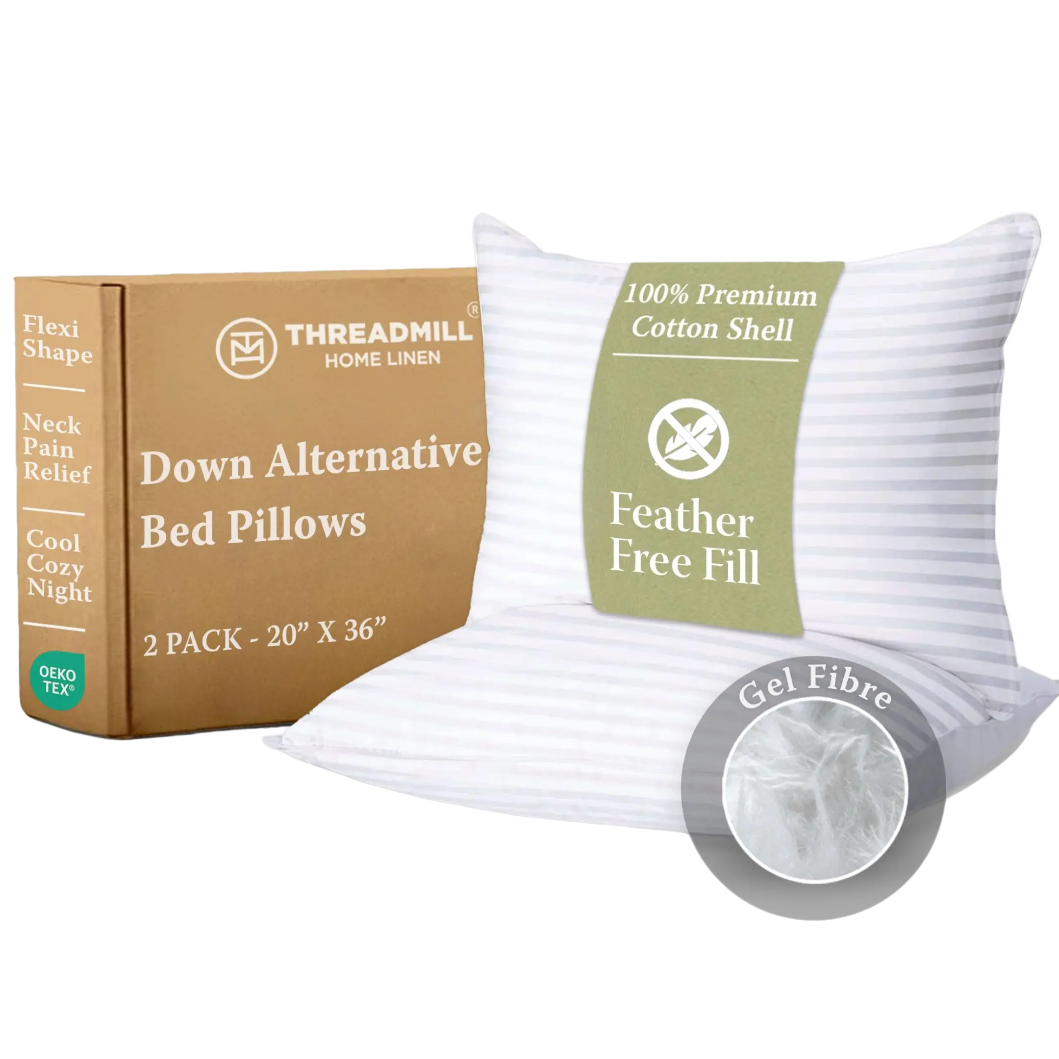 Threadmill Home Linen Standard White 300 Thread Count Cooling Down Alternative Soft Sleeping Pillow Set of 2, Hotel-Grade Bedding Pillows for Back/Stomach Sleepers