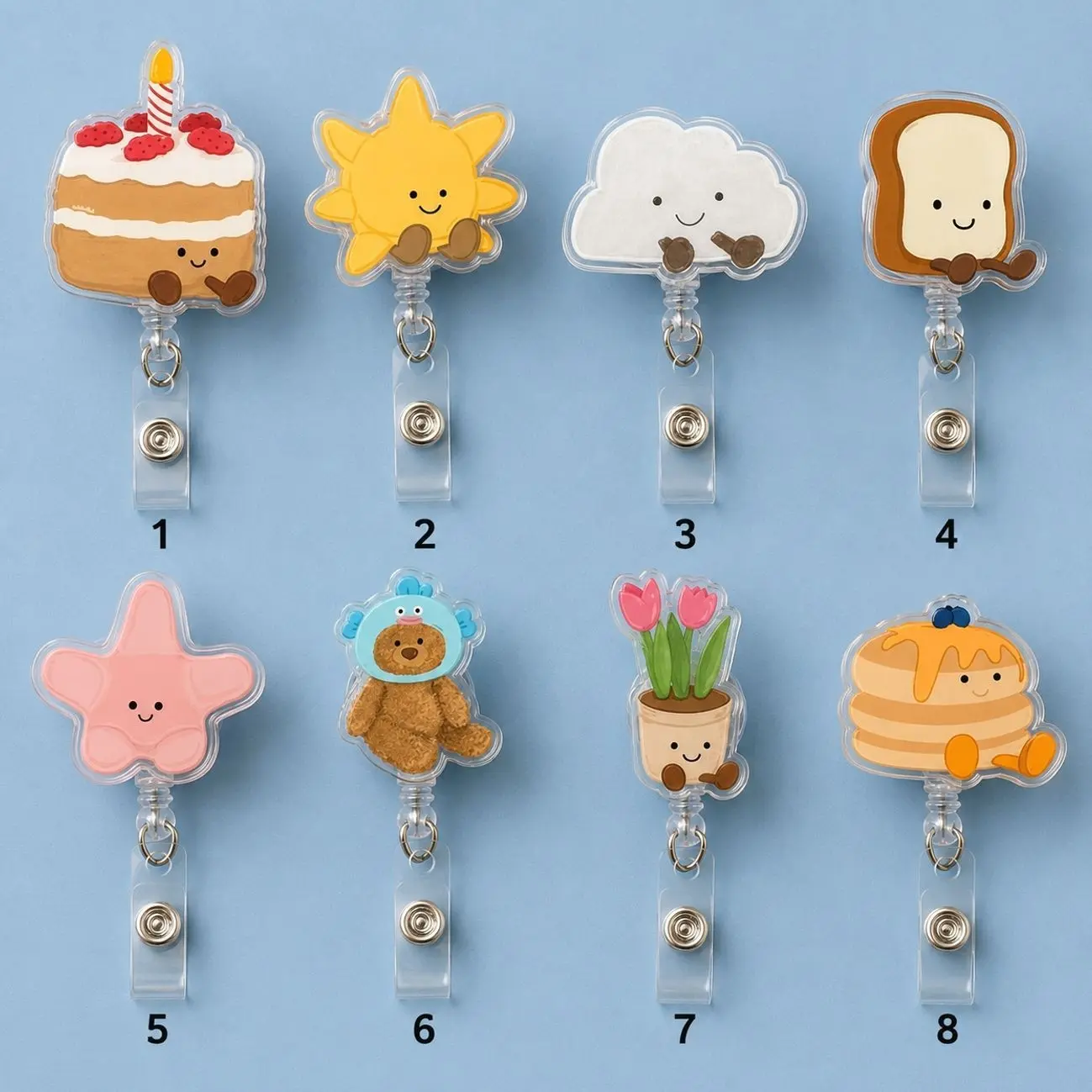 Cute Kawaii Cartoon Food Flower Bear Acrylic Retractable Badge Reel ID Holder Nurse Teacher RN Work Accessories