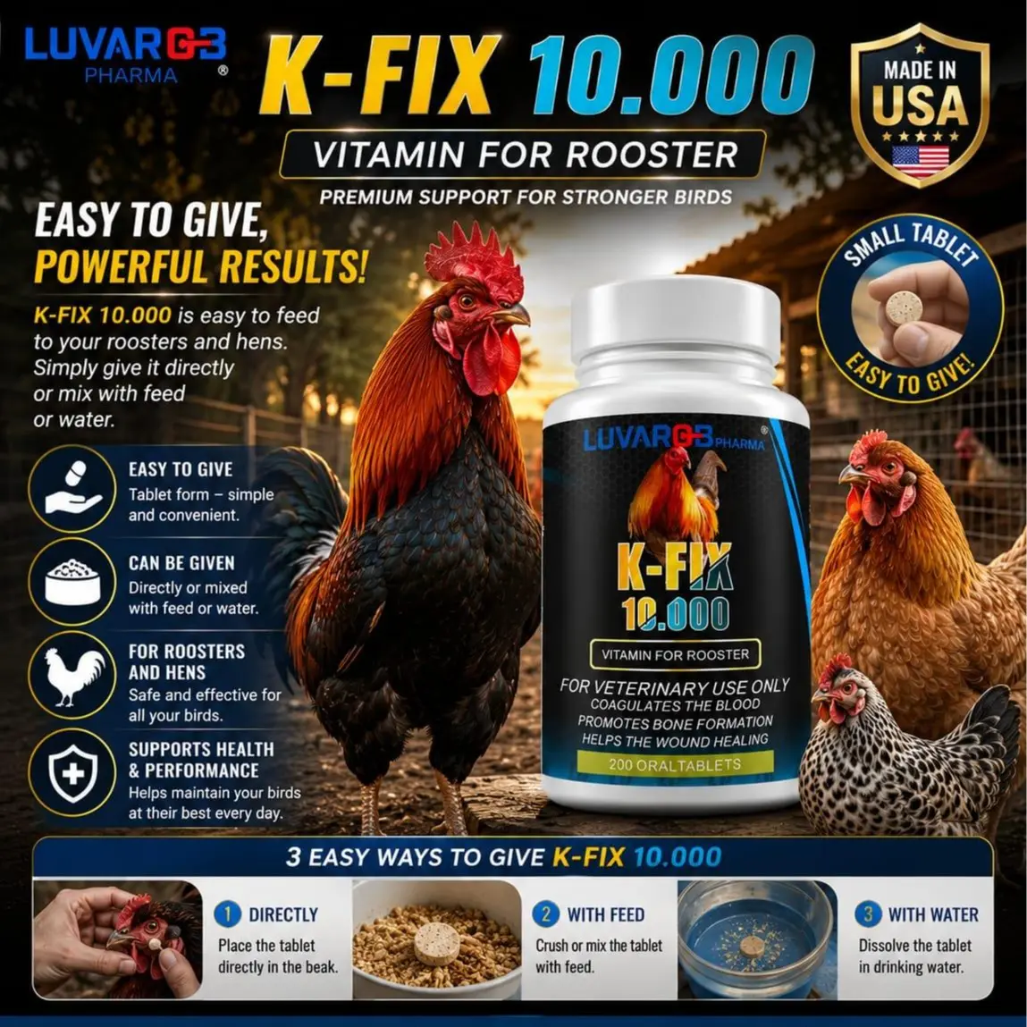 LUVAROBpharma K FIX - 10.000 Vitamin K Supplements for Poultry 200 Tablets