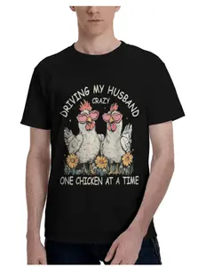 2026 Spring Summer Men's "Driving My Husband Crazy One Chicken At A Time" Funny T-Shirt Crew Neck Fabric Menswear Top Breathable Crew Neck Heart Pink Quote