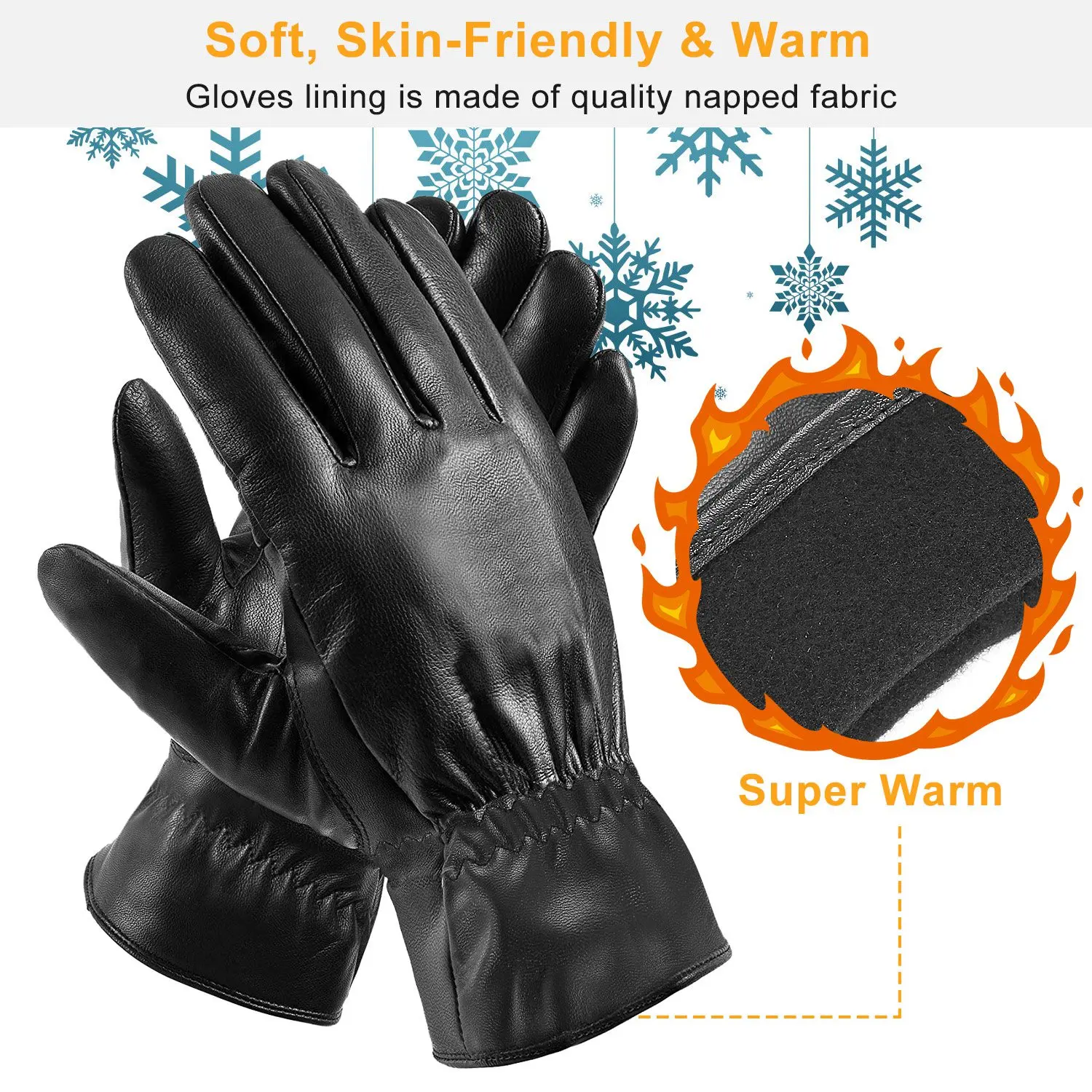 Unisex PU Leather Winter Gloves - Soft, Windproof, Waterproof, Stylish Black Design for Cycling, Skiing, Running - 3 Sizes Available