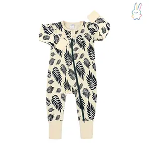 ERT-Baby Bamboo Fiber Zip-Up,Off-white leaves Print Romper, All-Season Knit Fabric Skinny Fit With Zipper Detail, Boy Baby Clothes, Perfect For Outdoor