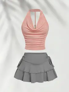 Women's Solid Color Crop Top & Skirt Two-piece Set, Fashion Casual Metal Chain Decor Top & High Waist Skirt for Daily Outdoor Wear, Ladies Outfits for Summer, Clothes