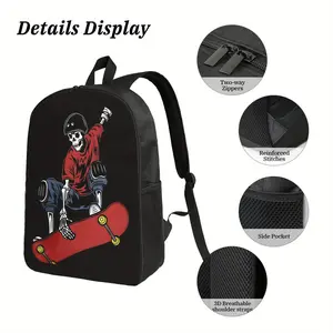Best Trendy Boys' Skateboard Print Backpack - Lightweight Durable Polyester School Bag with Adjustable Straps, Casual Style, Black with Red & White Graphic Design, Hand Wash Only, Backpack for School, Playful Design, Secure Zipper Closure Supplies