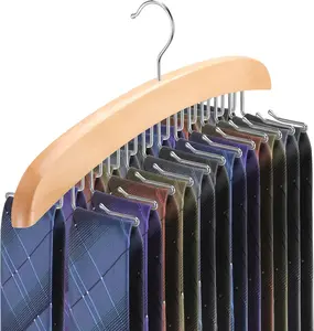 Tie Rack Hanger Closet 360 Degree Rotating Tie Holder Organizer with 24 Folding Hooks Wooden Men's Neck Tie Organizer Storage