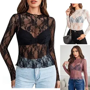 Women's 90s Grunge Mesh Short Top Long Sleeve Mock Neck Sheer Blouse Slim Fit Hits at Waist Plus Size S-5XL Layering Concerts Shirts Black Elegant Versatile Cropped Fit