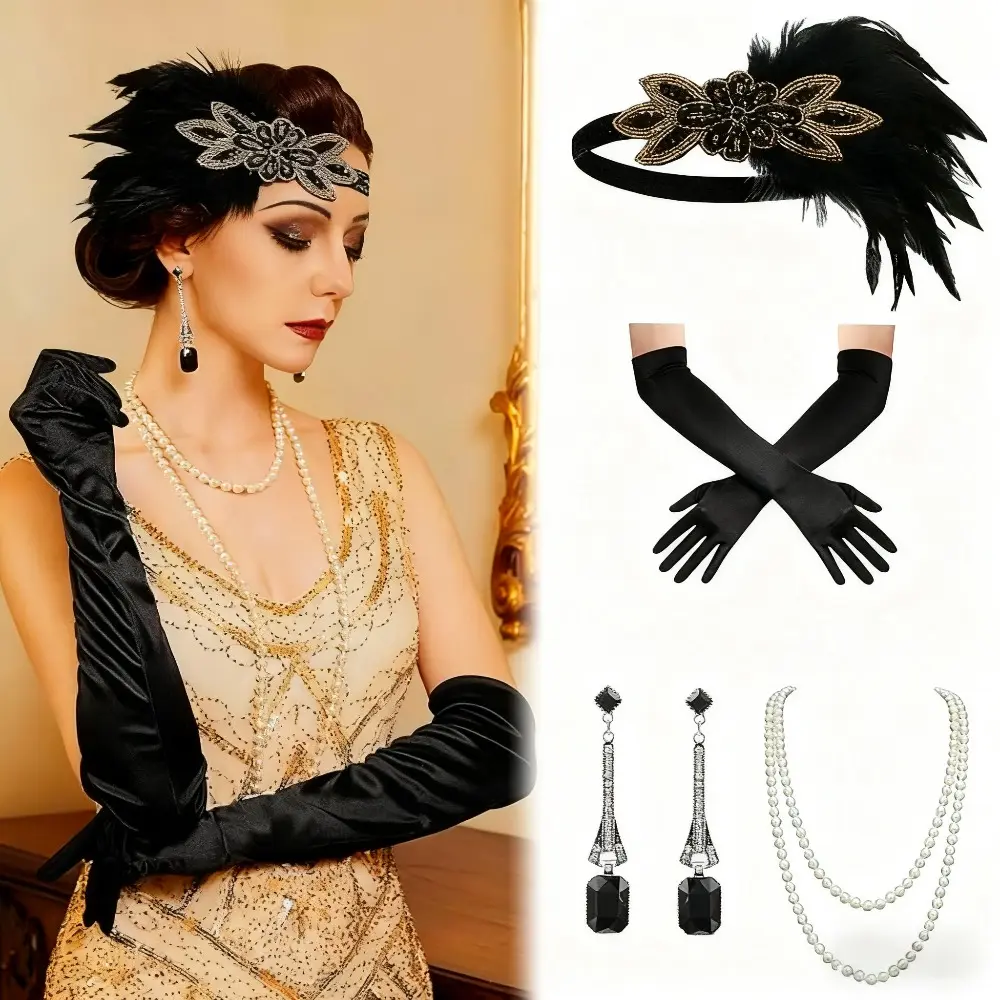 4 pcs 1920s dancer accessory set, including feather headpiece, pearl necklace, long gloves, and pendant earrings, suitable for themed dress up parties, retro ball outfits, Gatsby themed events
