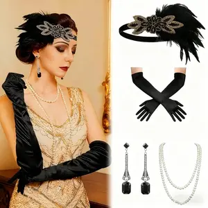 4 pcs 1920s dancer accessory set, including feather headpiece, pearl necklace, long gloves, and pendant earrings, suitable for themed dress up parties, retro ball outfits, Gatsby themed events