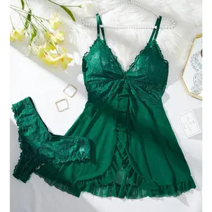 Sexy Lace Trim Sleepwear Set - Medium Support, Comfort Stretch - 95% Polyester, 5% Elastane, Solid Color, No Chest Pad, Women's