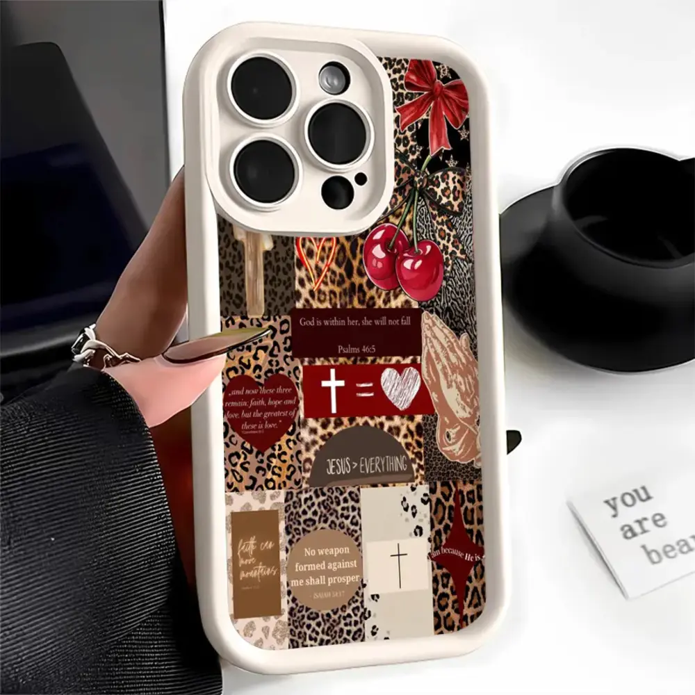 Leopard Print Christian Bible Verse Silicone-Blended TPU Smartphone Case, Straight Edge Drop-Resistant Rugged Durable Cover for iPhone 17 Pro Max 16 16e 15 14 Plus 13 12 Mini 11 Air X XS, 2D Printing Handheld Cellphone Accessory, Valentine's Day Gift, Acc