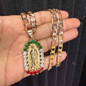 Virgen de Guadalupe - 14K Gold Plated Figaro Link Chain 20-Inches 6mm Colorful - Virgin of Guadalupe Religious Brass Pendant Necklace for Men & Women