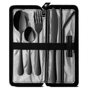 Portable Travel Cutlery Set, Reusable Stainless Steel Utensils Cutlery Utensil Sets with Fixed Box, 9-Piece Stable Camping Picnic Tableware Kit