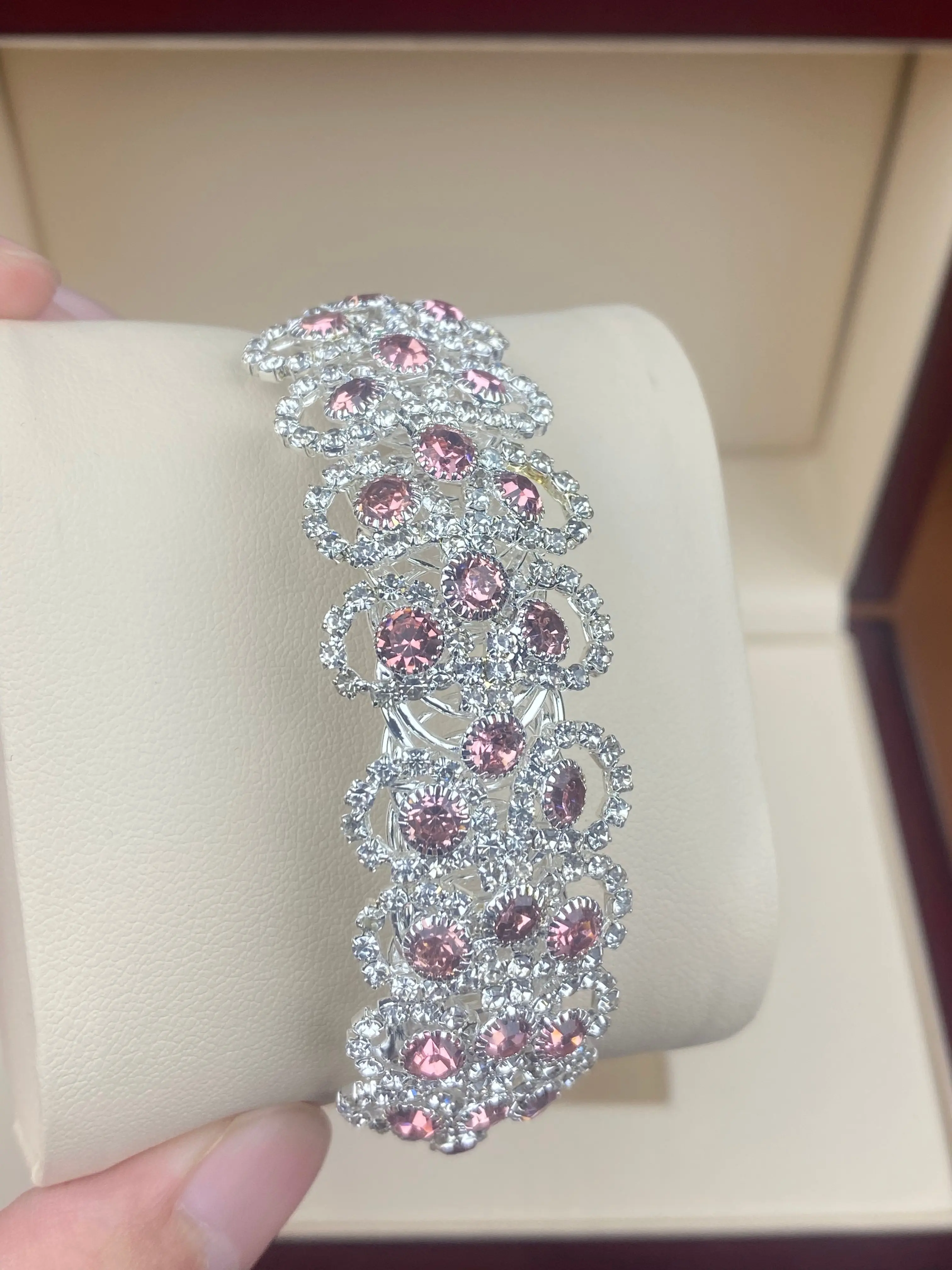 Handcrafted Silver-Tone Pink Crystal Floral Halo Link Bracelet
