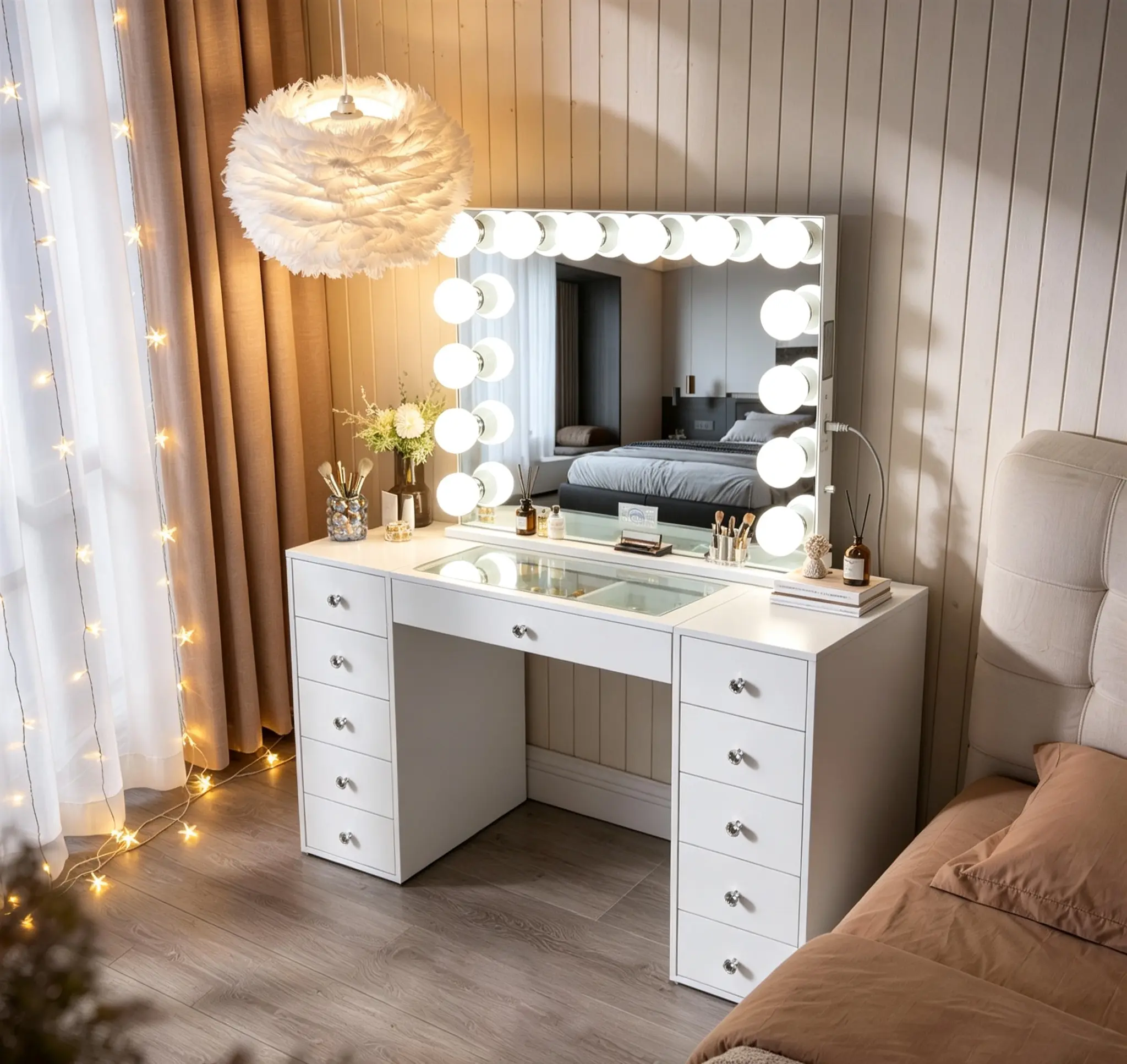 VANITII Large Vanity Desk with 32×26'' Hollywood Makeup Mirror, Makeup Vanity Table with 11 Drawers Bedroom Dressing, Modern Dressing Table for Women & Girls