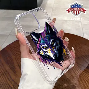 Transparent Magnetic Phone Case for iPhone 16 Pro Max 15 Plus 14 13 12 11 XR E XS Cool Wolf Head Pattern Acrylic Back Soft Edge Anti-Slip Hard Shell for Male