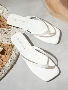 Women's Summer Square Toe Flip Flops, Comfortable Sandals, Glossy Fashion Slippers, Suitable For Outdoor, Party, Beach,