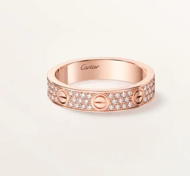 Pre-owned Cartier Love Ring Small Model, 4mm Width, Paved Rose Gold
